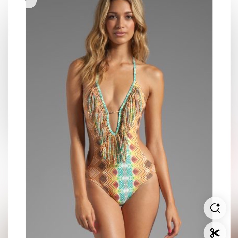 RVCA Brown and Green One Piece Swimsuit with Fringe